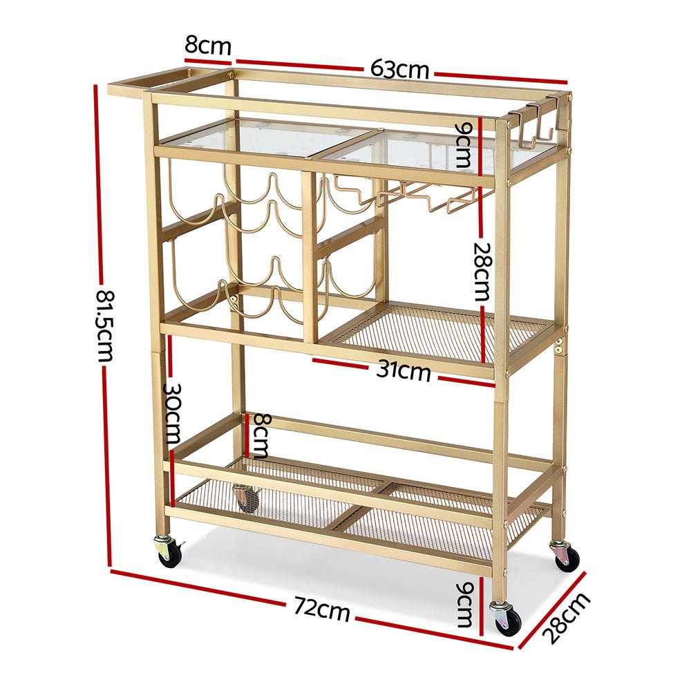 Bar Cart Drinks Trolley Serving Wine Rack Glass Holder 3 Hooks 72cm Gold - Furniture > Dining > Kitchen & Dining Trolleys - Rivercity House & Home Co. (ABN 18 642 972 209) - Affordable Modern Furniture Australia