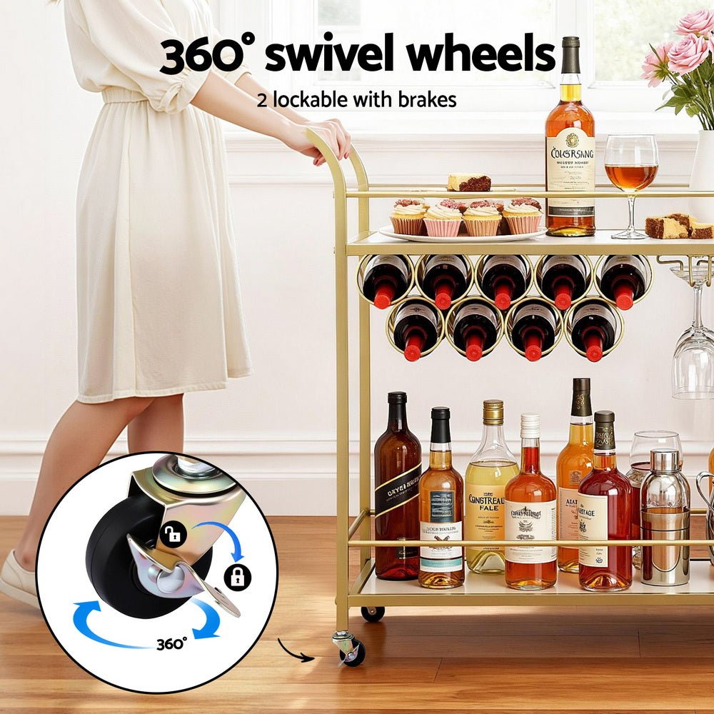 Bar Cart Drinks Trolley Serving Wine Rack Glass Holder Marble 85cm Gold - Furniture > Dining > Kitchen & Dining Trolleys - Rivercity House & Home Co. (ABN 18 642 972 209) - Affordable Modern Furniture Australia
