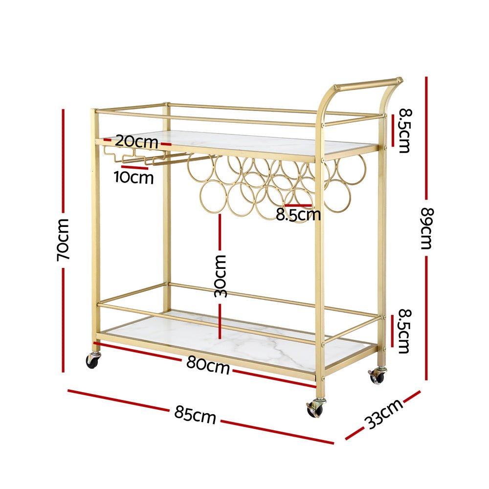 Bar Cart Drinks Trolley Serving Wine Rack Glass Holder Marble 85cm Gold - Furniture > Dining > Kitchen & Dining Trolleys - Rivercity House & Home Co. (ABN 18 642 972 209) - Affordable Modern Furniture Australia