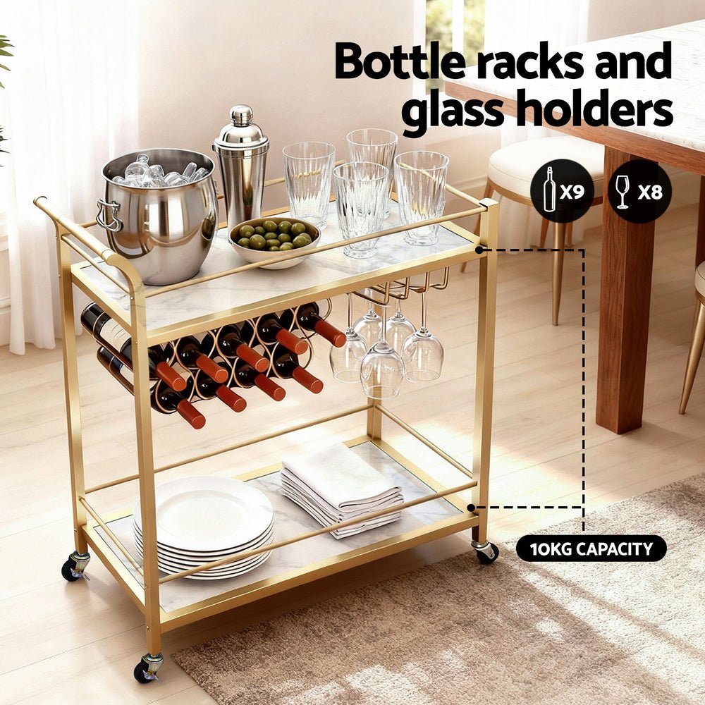 Bar Cart Drinks Trolley Serving Wine Rack Glass Holder Marble 85cm Gold - Furniture > Dining > Kitchen & Dining Trolleys - Rivercity House & Home Co. (ABN 18 642 972 209) - Affordable Modern Furniture Australia