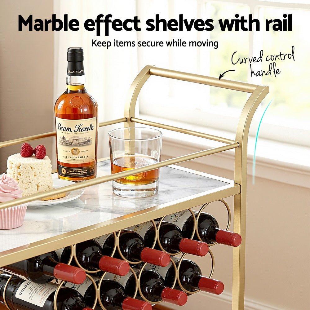 Bar Cart Drinks Trolley Serving Wine Rack Glass Holder Marble 85cm Gold - Furniture > Dining > Kitchen & Dining Trolleys - Rivercity House & Home Co. (ABN 18 642 972 209) - Affordable Modern Furniture Australia