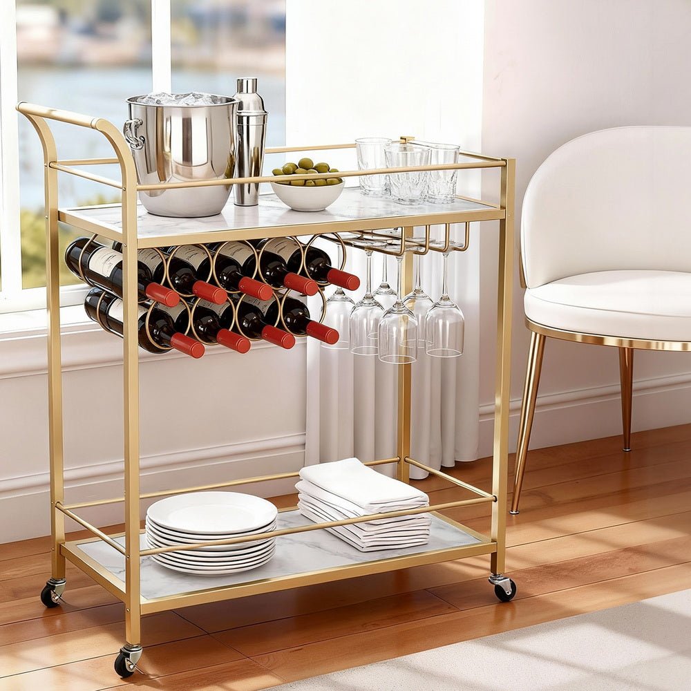 Bar Cart Drinks Trolley Serving Wine Rack Glass Holder Marble 85cm Gold - Furniture > Dining > Kitchen & Dining Trolleys - Rivercity House & Home Co. (ABN 18 642 972 209) - Affordable Modern Furniture Australia