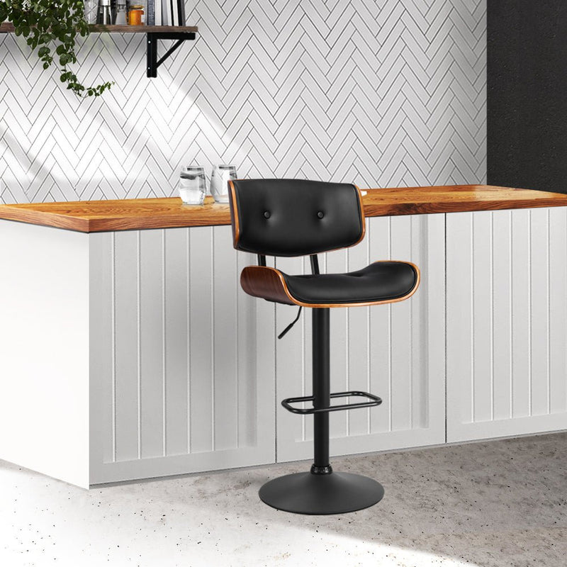 Bar Stool Gas Lift Wooden PU Leather - Black and Wood - Rivercity House & Home Co. (ABN 18 642 972 209) - Affordable Modern Furniture Australia