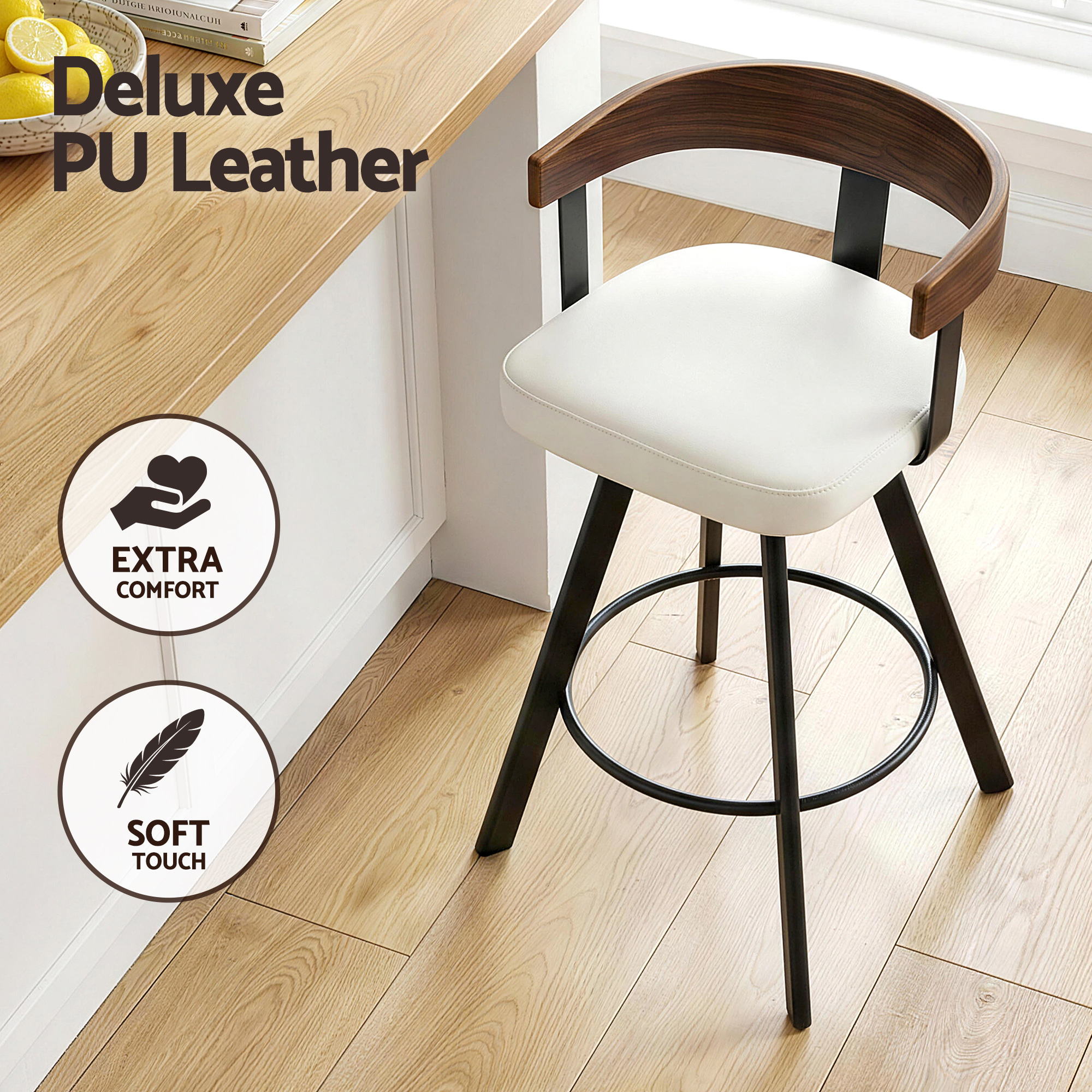 Bar Stool Swivel Metal Legs Kitchen Chair Bentwood Counter Leather White - Furniture > Bar Stools & Chairs > Table & Bar Stools - Rivercity House & Home Co. (ABN 18 642 972 209) - Affordable Modern Furniture Australia