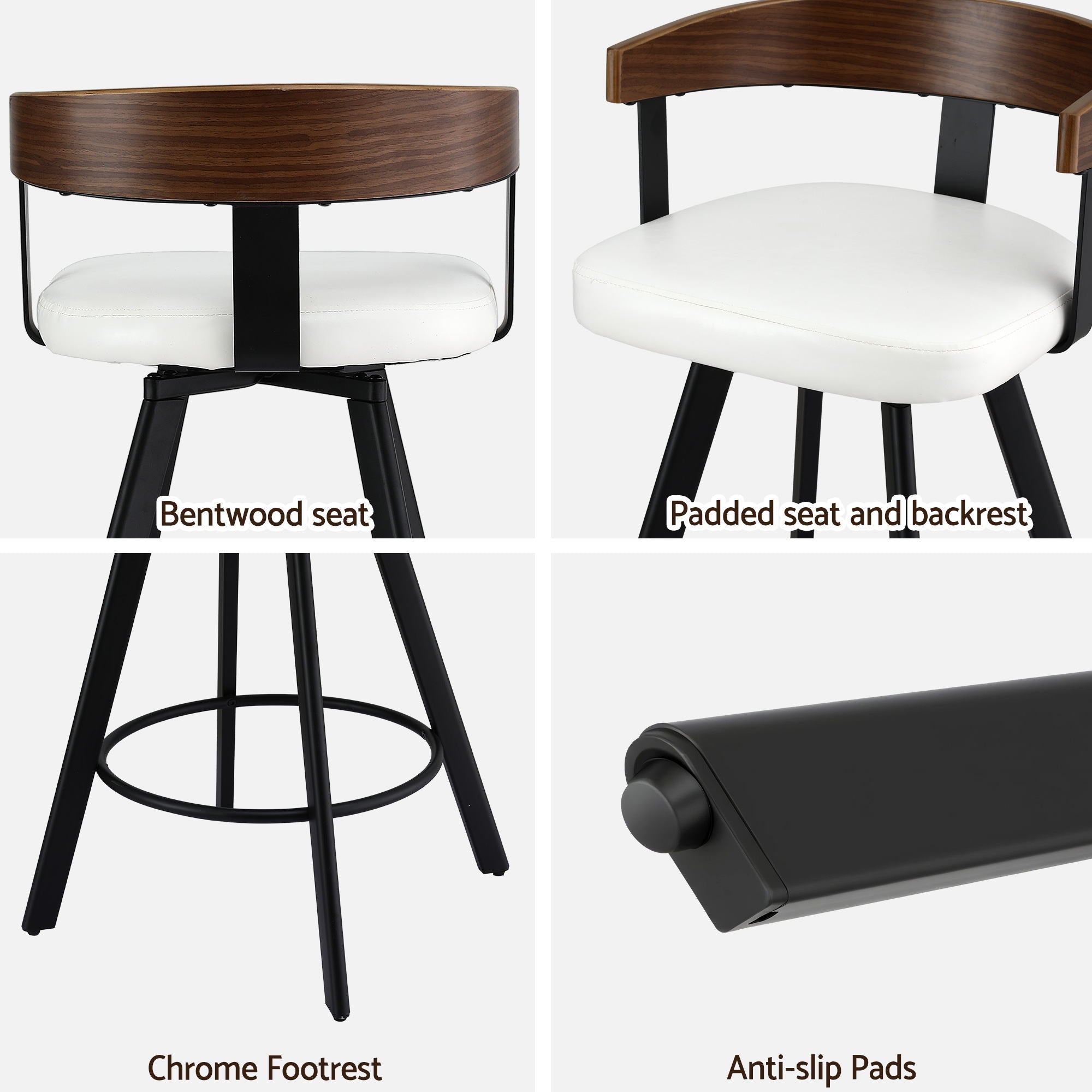 Bar Stool Swivel Metal Legs Kitchen Chair Bentwood Counter Leather White - Furniture > Bar Stools & Chairs > Table & Bar Stools - Rivercity House & Home Co. (ABN 18 642 972 209) - Affordable Modern Furniture Australia