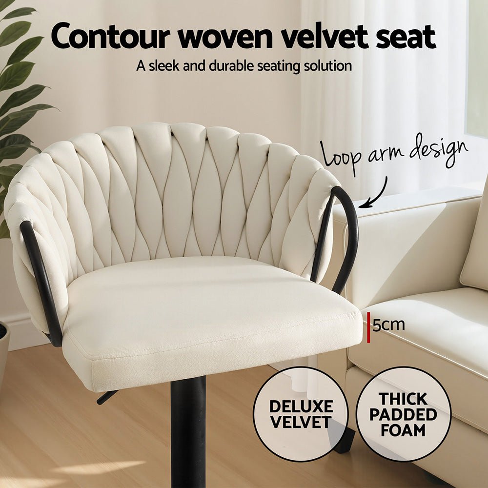 Bar Stool x2 Kitchen Dining Chair Counter Gaslift Woven Velvet Ivory - Furniture > Bar Stools & Chairs > Table & Bar Stools - Rivercity House & Home Co. (ABN 18 642 972 209) - Affordable Modern Furniture Australia