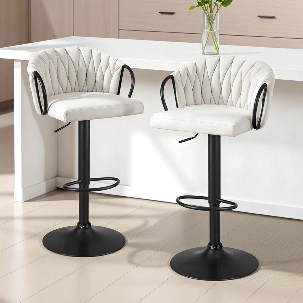 Bar Stool x2 Kitchen Dining Chair Counter Gaslift Woven Velvet Ivory - Furniture > Bar Stools & Chairs > Table & Bar Stools - Rivercity House & Home Co. (ABN 18 642 972 209) - Affordable Modern Furniture Australia