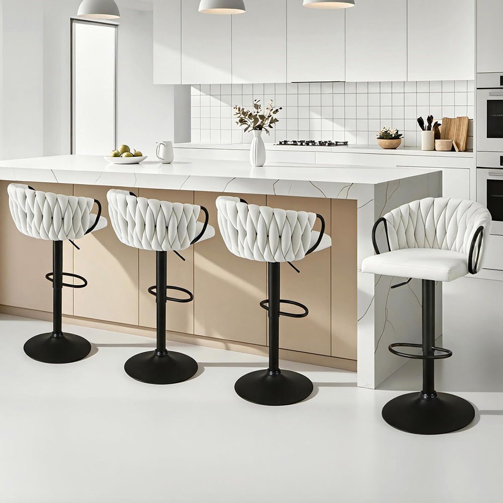 Bar Stool x4 Kitchen Dining Chair Counter Gaslift Woven Velvet Ivory - Furniture > Bar Stools & Chairs > Table & Bar Stools - Rivercity House & Home Co. (ABN 18 642 972 209) - Affordable Modern Furniture Australia