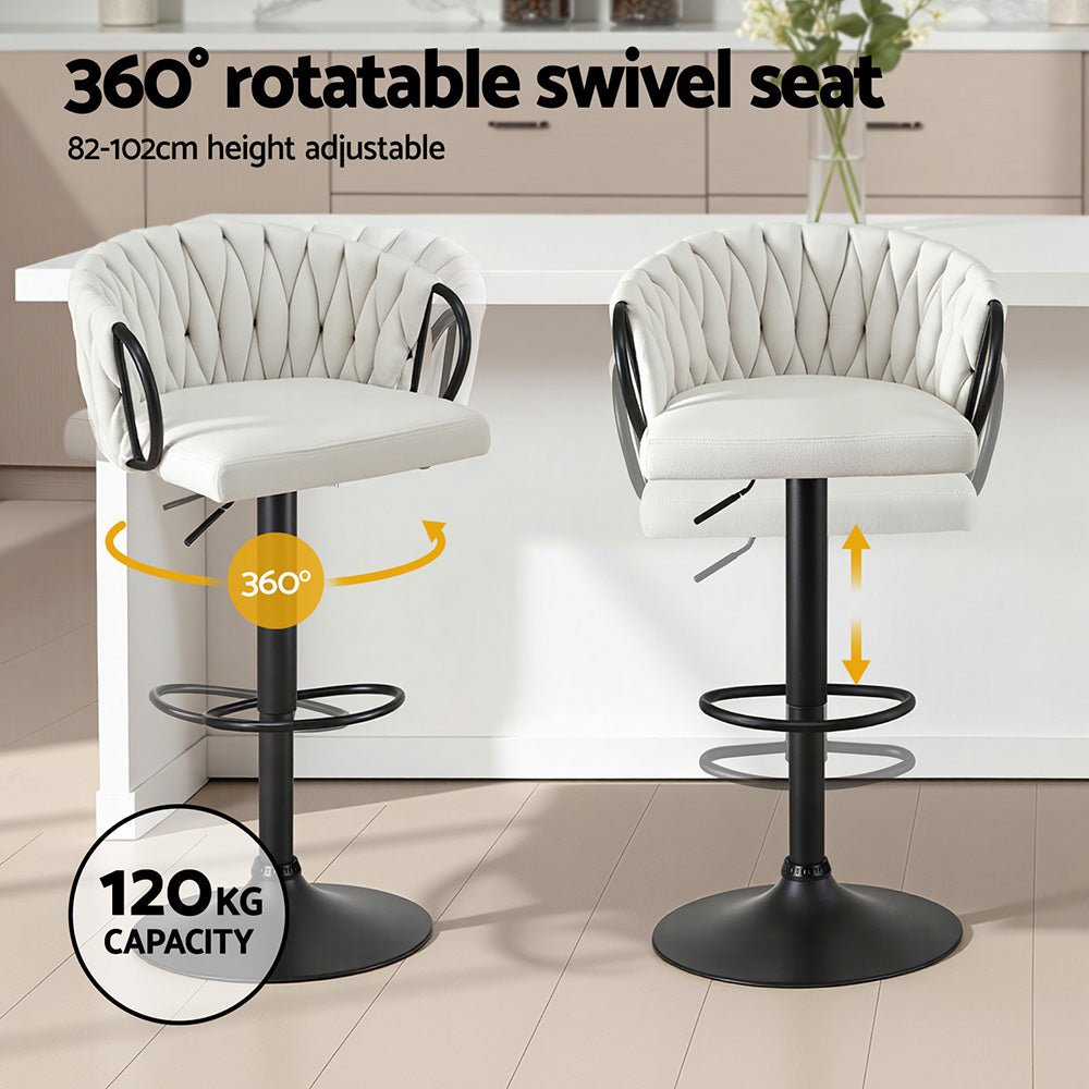 Bar Stool x4 Kitchen Dining Chair Counter Gaslift Woven Velvet Ivory - Furniture > Bar Stools & Chairs > Table & Bar Stools - Rivercity House & Home Co. (ABN 18 642 972 209) - Affordable Modern Furniture Australia