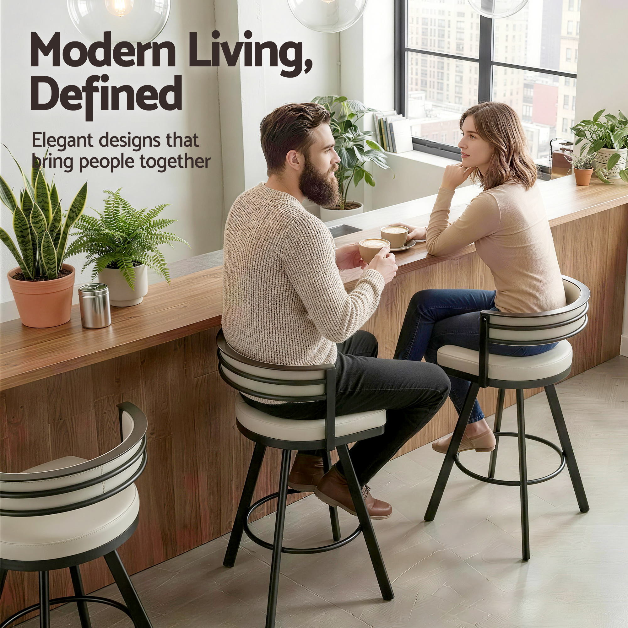 Bar Stools Set of 2 Swivel Kitchen Chair Metal Counter Beige Leather - Furniture > Bar Stools & Chairs > Table & Bar Stools - Rivercity House & Home Co. (ABN 18 642 972 209) - Affordable Modern Furniture Australia
