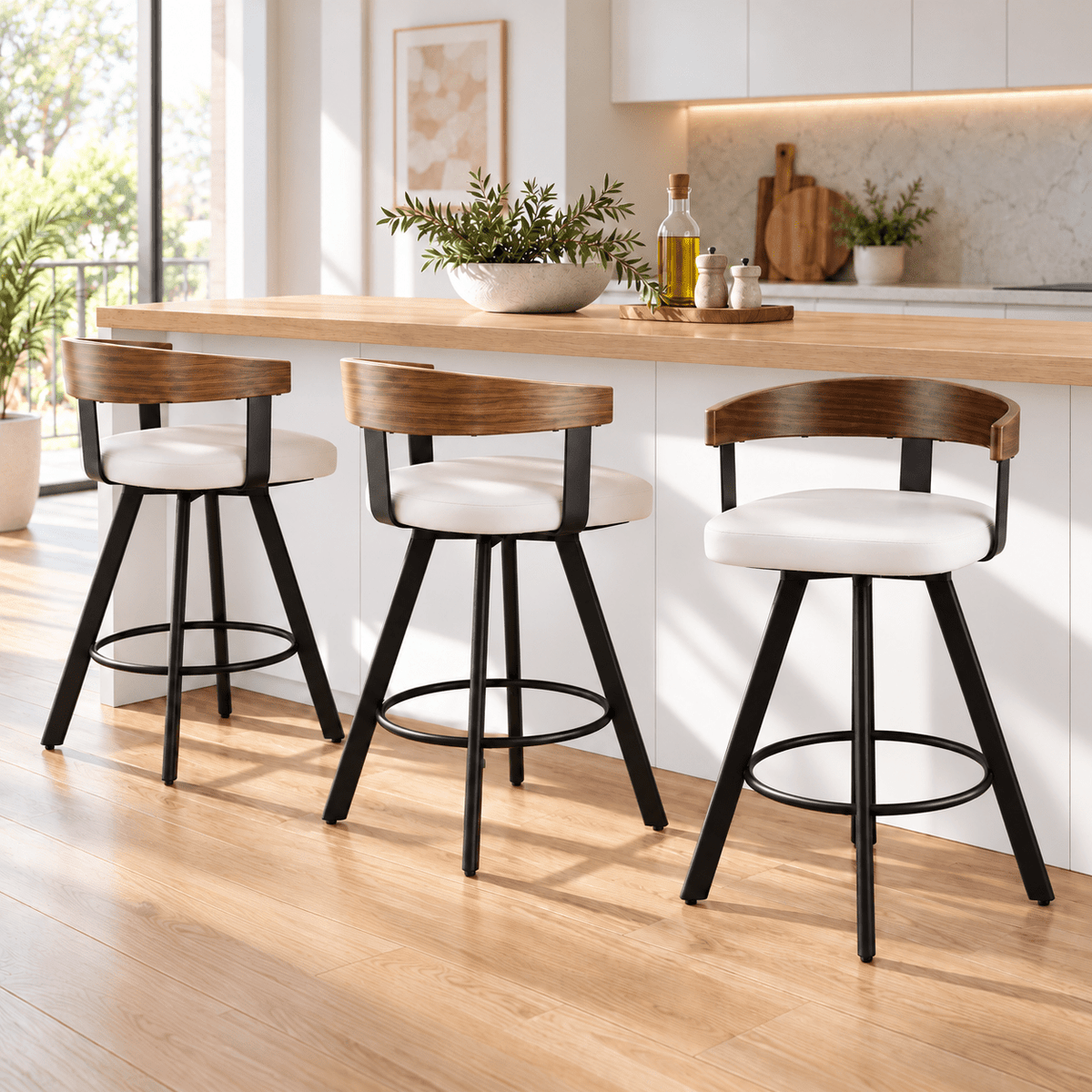 Bar Stools Set of 3 Swivel Counter Height with Bentwood Backrest and PU Leather Seat - White - Furniture > Bar Stools & Chairs > Table & Bar Stools - Rivercity House & Home Co. (ABN 18 642 972 209) - Affordable Modern Furniture Australia
