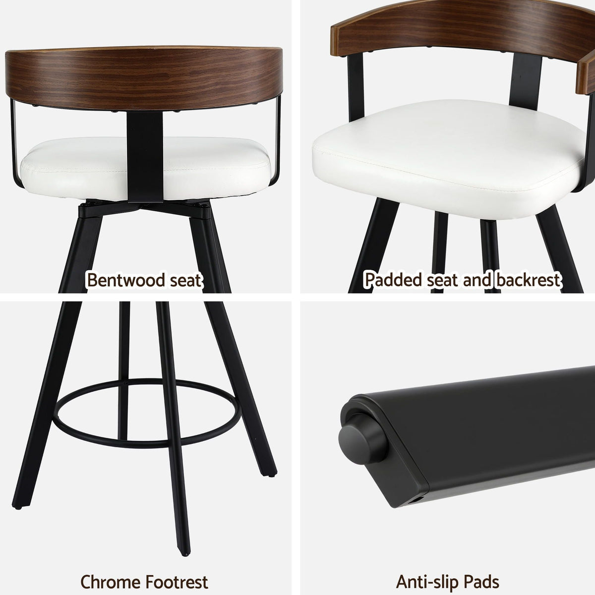 Bar Stools Set of 3 Swivel Counter Height with Bentwood Backrest and PU Leather Seat - White - Furniture > Bar Stools & Chairs > Table & Bar Stools - Rivercity House & Home Co. (ABN 18 642 972 209) - Affordable Modern Furniture Australia