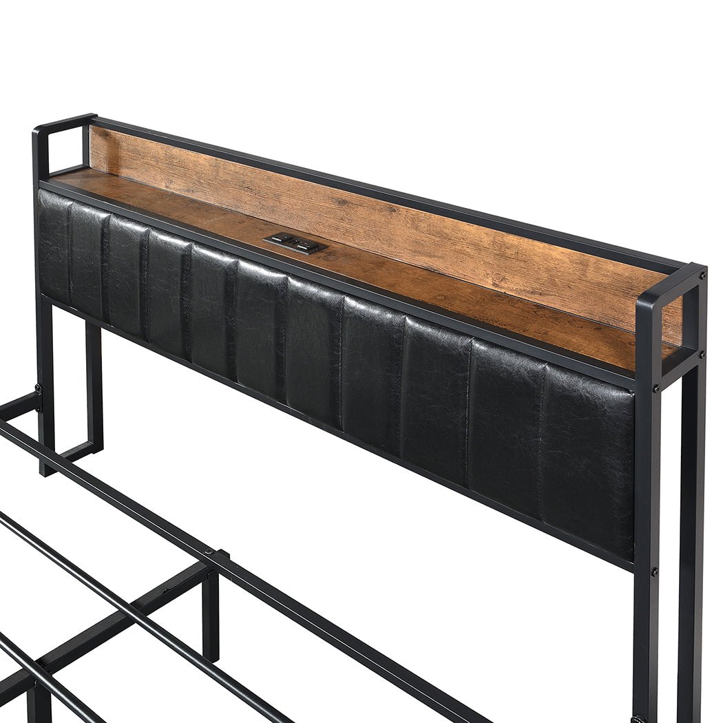 Bastion Industrial Queen Bed Frame with Power Shelf & Drawers – Black - Rivercity House & Home Co. (ABN 18 642 972 209) - Affordable Modern Furniture Australia