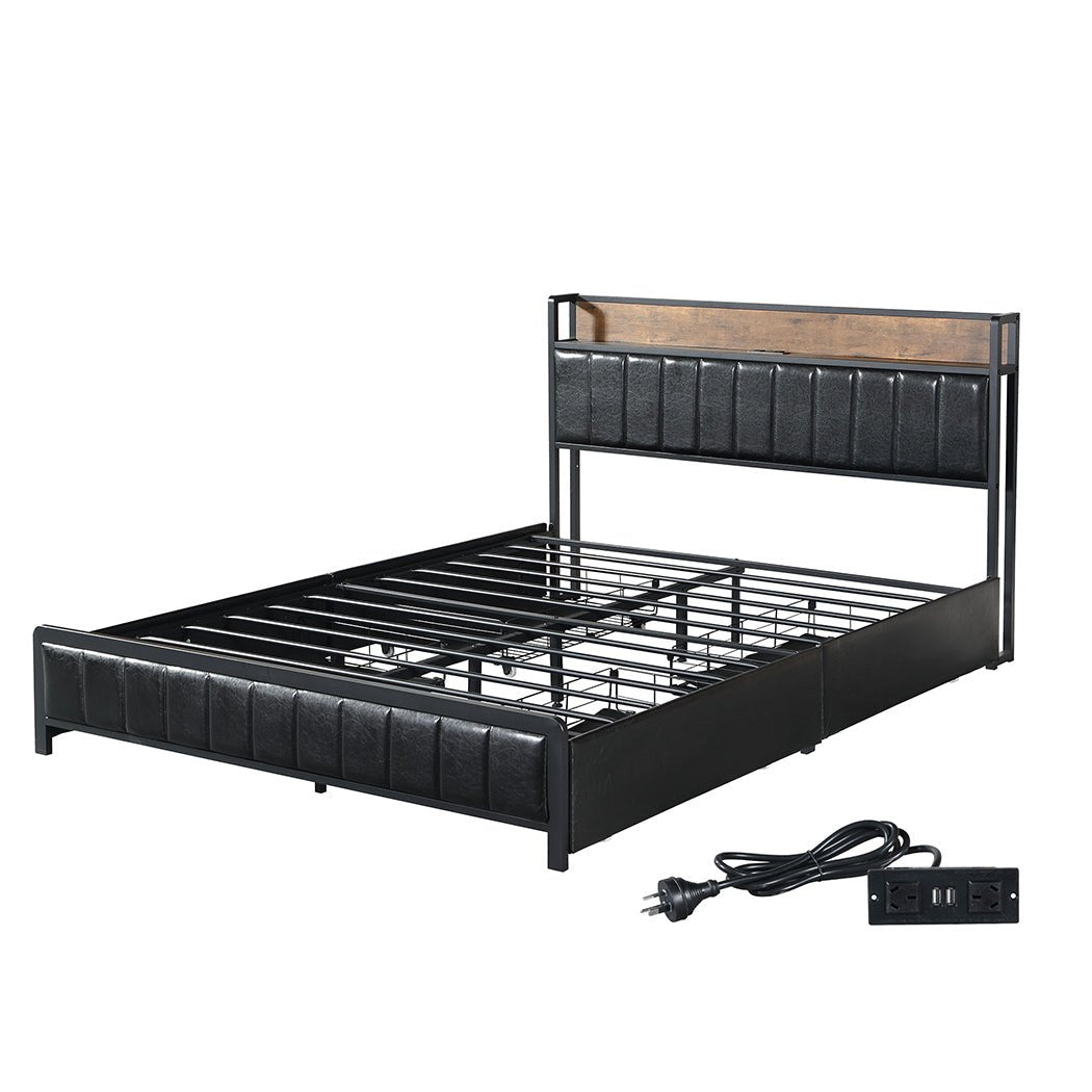 Bastion Industrial Queen Bed Frame with Power Shelf & Drawers – Black - Rivercity House & Home Co. (ABN 18 642 972 209) - Affordable Modern Furniture Australia