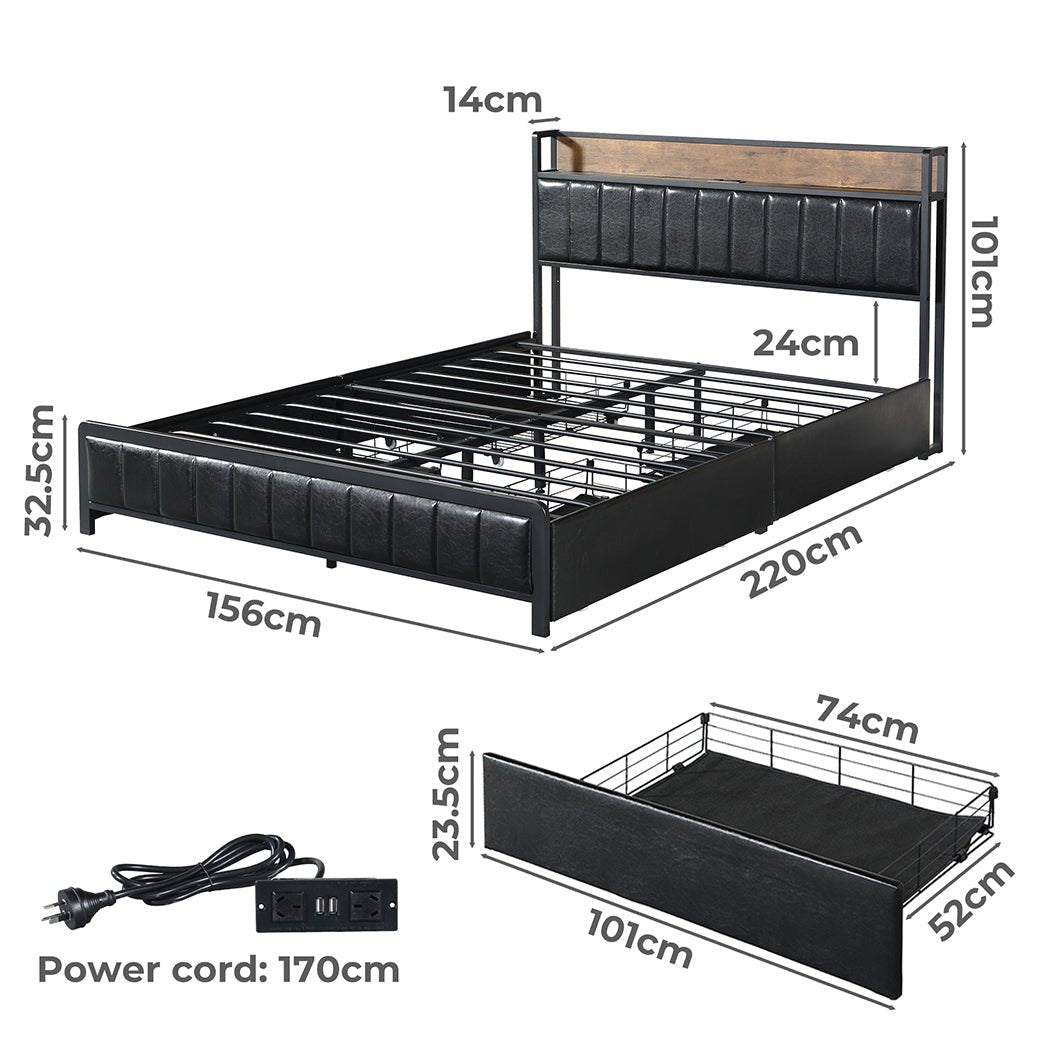 Bastion Industrial Queen Bed Frame with Power Shelf & Drawers – Black - Rivercity House & Home Co. (ABN 18 642 972 209) - Affordable Modern Furniture Australia