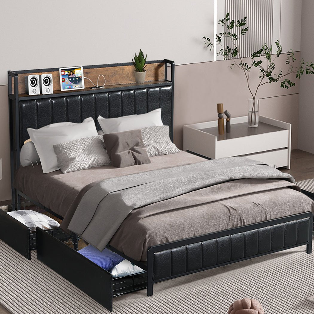 Bastion Industrial Queen Bed Frame with Power Shelf & Drawers – Black - Rivercity House & Home Co. (ABN 18 642 972 209) - Affordable Modern Furniture Australia