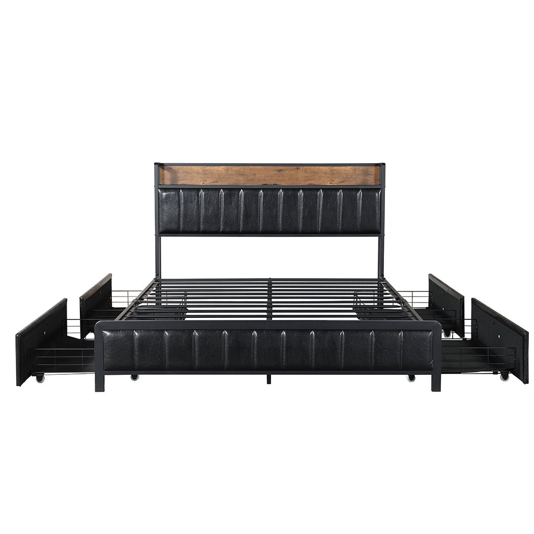 Bastion Industrial Queen Bed Frame with Power Shelf & Drawers – Black - Rivercity House & Home Co. (ABN 18 642 972 209) - Affordable Modern Furniture Australia