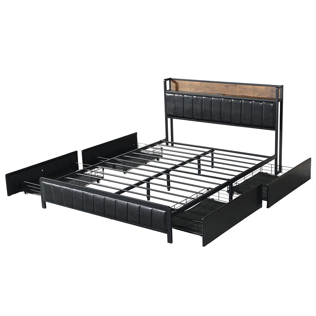 Bastion Industrial Queen Bed Frame with Power Shelf & Drawers – Black - Rivercity House & Home Co. (ABN 18 642 972 209) - Affordable Modern Furniture Australia