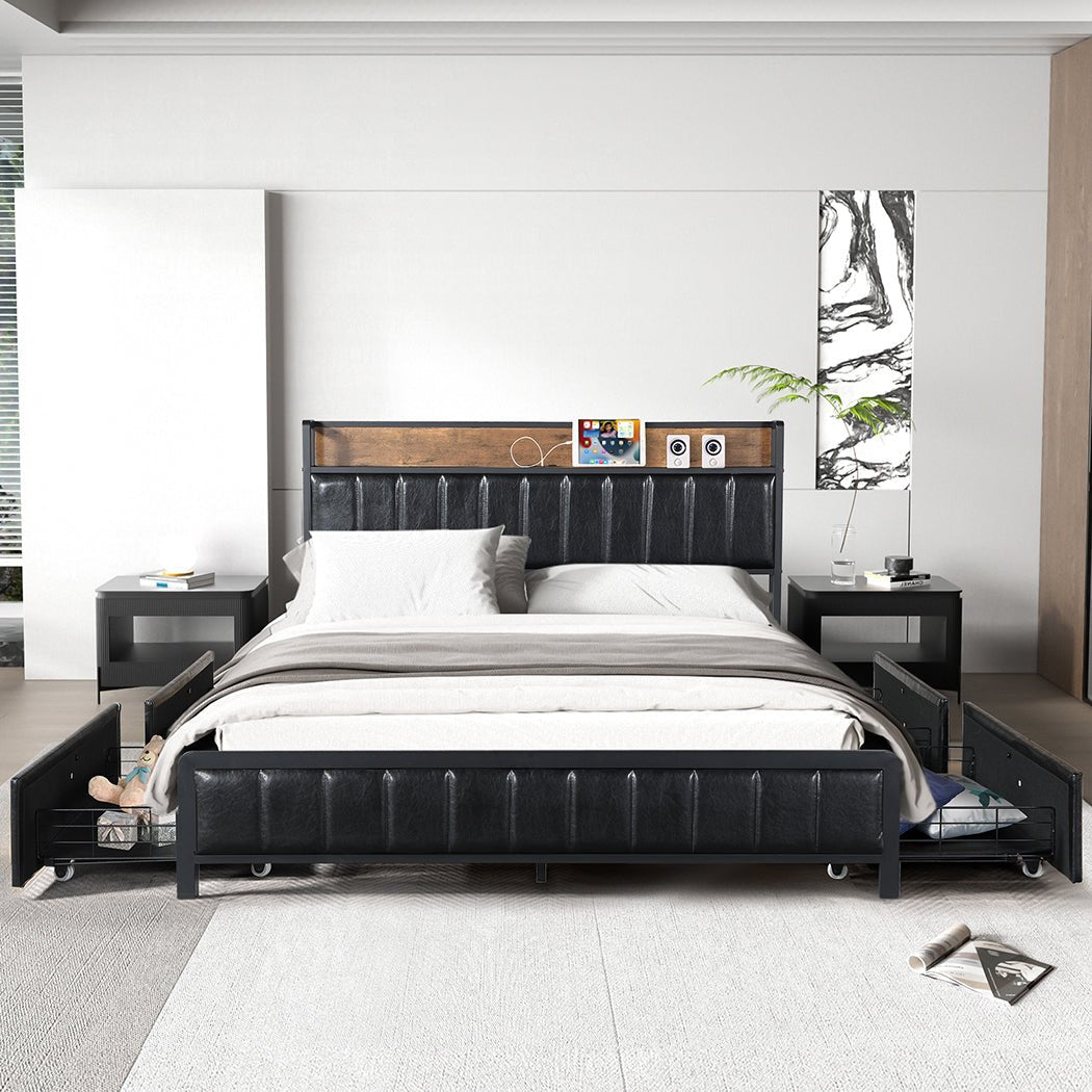 Bastion Industrial Queen Bed Frame with Power Shelf & Drawers – Black - Rivercity House & Home Co. (ABN 18 642 972 209) - Affordable Modern Furniture Australia