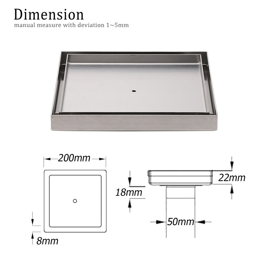 Bathroom 200x200mm Big Square Tile Insert Floor Drain Shower Grate 50mm Waste - Furniture > Bathroom > Shower Heads & Screens - Rivercity House & Home Co. (ABN 18 642 972 209) - Affordable Modern Furniture Australia
