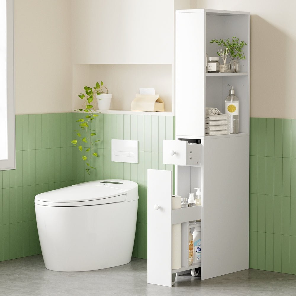 Bathroom Cabinet Storage Slim Organiser Drawer Toilet Corner 135cm White - Furniture > Bathroom > Bathroom Cabinets, Cupboards & Storage - Rivercity House & Home Co. (ABN 18 642 972 209) - Affordable Modern Furniture Australia