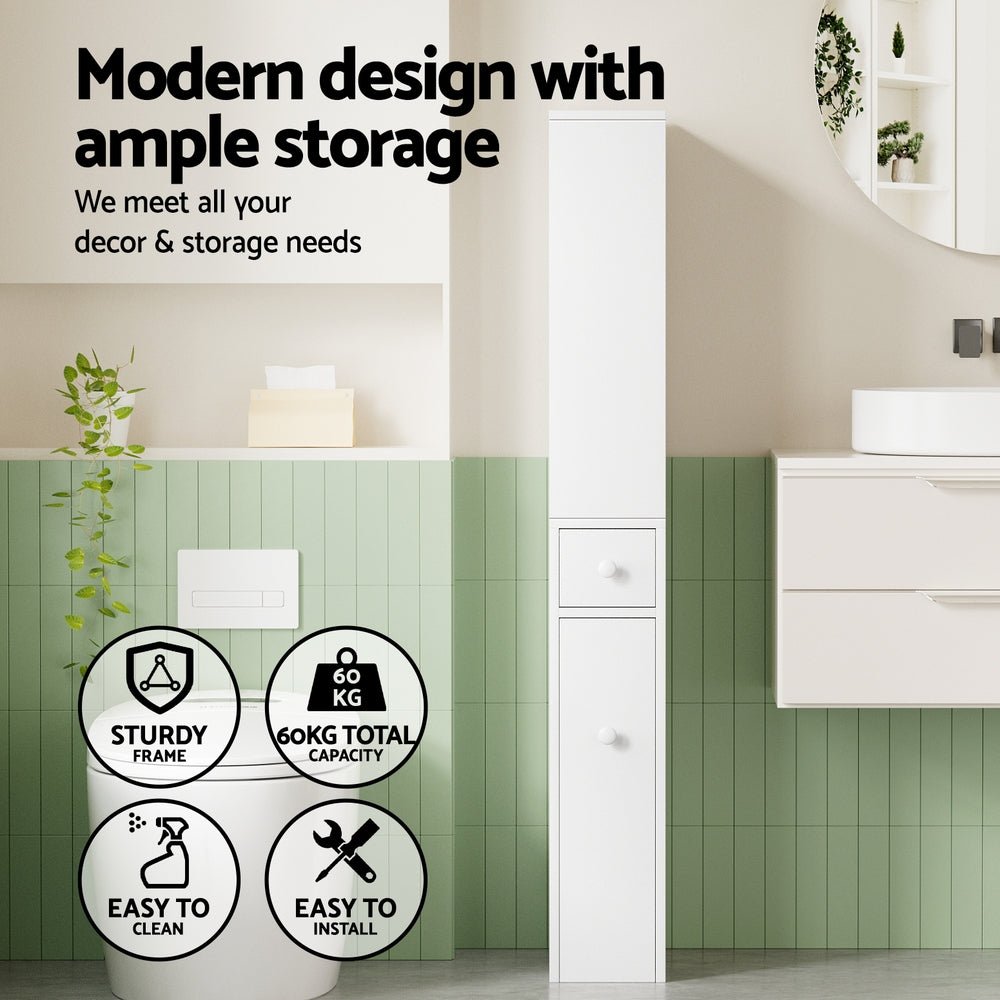 Bathroom Cabinet Storage Slim Organiser Drawer Toilet Corner 135cm White - Furniture > Bathroom > Bathroom Cabinets, Cupboards & Storage - Rivercity House & Home Co. (ABN 18 642 972 209) - Affordable Modern Furniture Australia