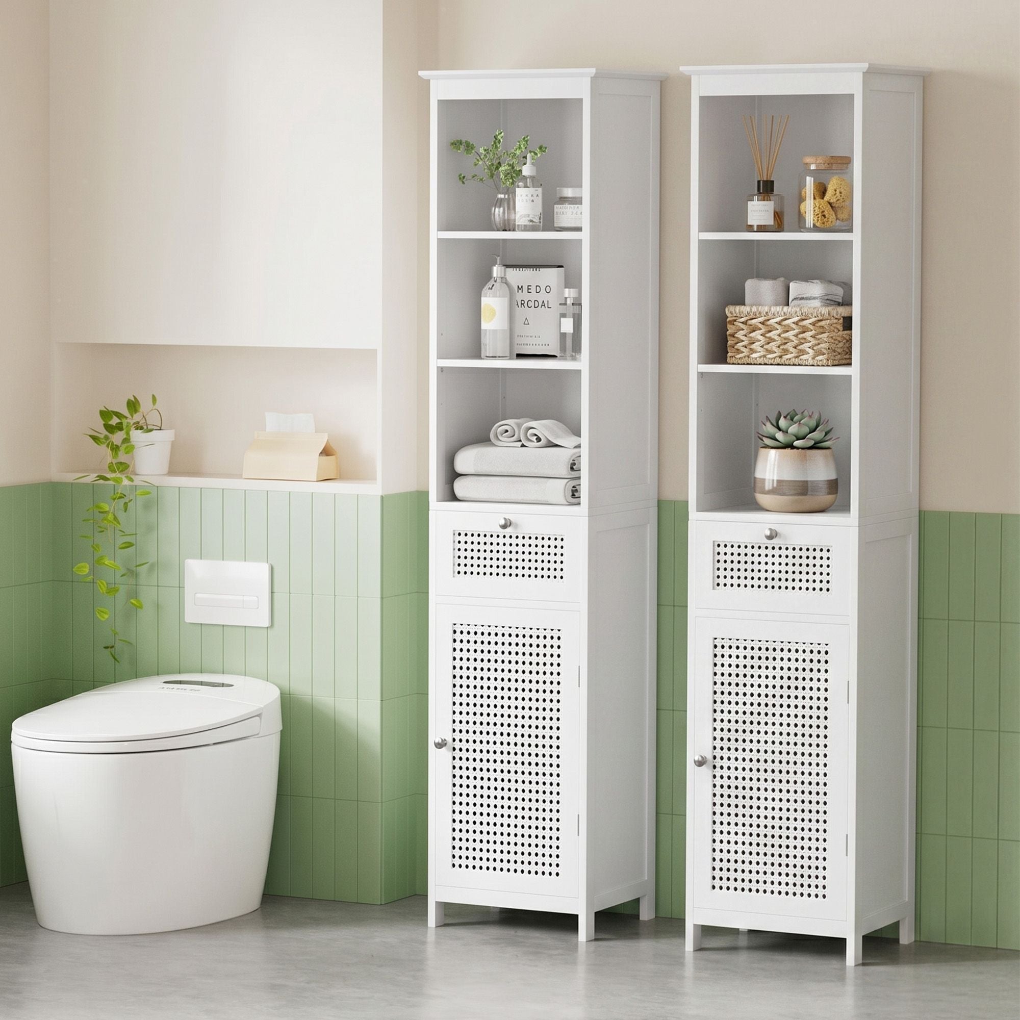 Bathroom Cabinet Storage X2 White Rattan 161cm - Furniture > Bathroom > Bathroom Cabinets, Cupboards & Storage - Rivercity House & Home Co. (ABN 18 642 972 209) - Affordable Modern Furniture Australia