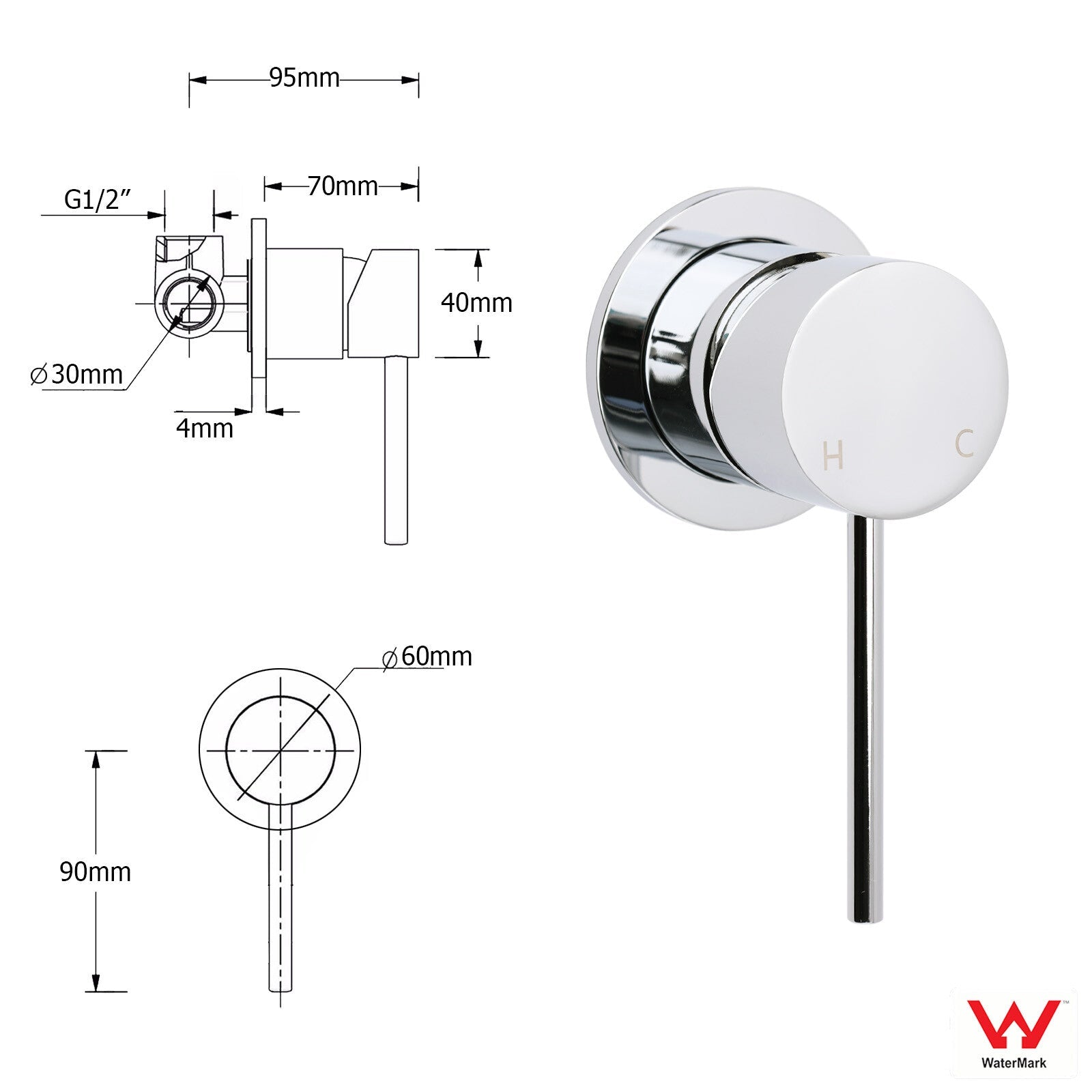 Bathroom Chrome Round Pin Lever Handle Hot Cold Water Tapware Shower Mixer Valve - Furniture > Bathroom > Shower Heads & Screens - Rivercity House & Home Co. (ABN 18 642 972 209) - Affordable Modern Furniture Australia