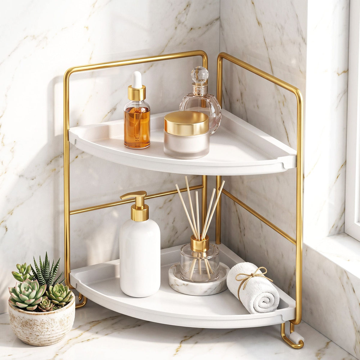 Bathroom Corner Shelf Countertop Organiser Vanity Storage Rack White Gold - Furniture > Bathroom > Bathroom Cabinets, Cupboards & Storage - Rivercity House & Home Co. (ABN 18 642 972 209) - Affordable Modern Furniture Australia