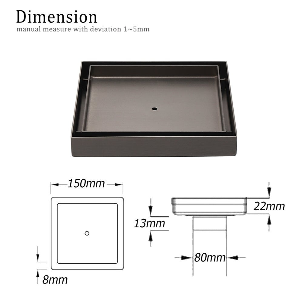 Bathroom Gun Metal 150mm Tile Insert Floor Drain Shower Grate 80mm Waste Outlet - Furniture > Bathroom > Shower Heads & Screens - Rivercity House & Home Co. (ABN 18 642 972 209) - Affordable Modern Furniture Australia
