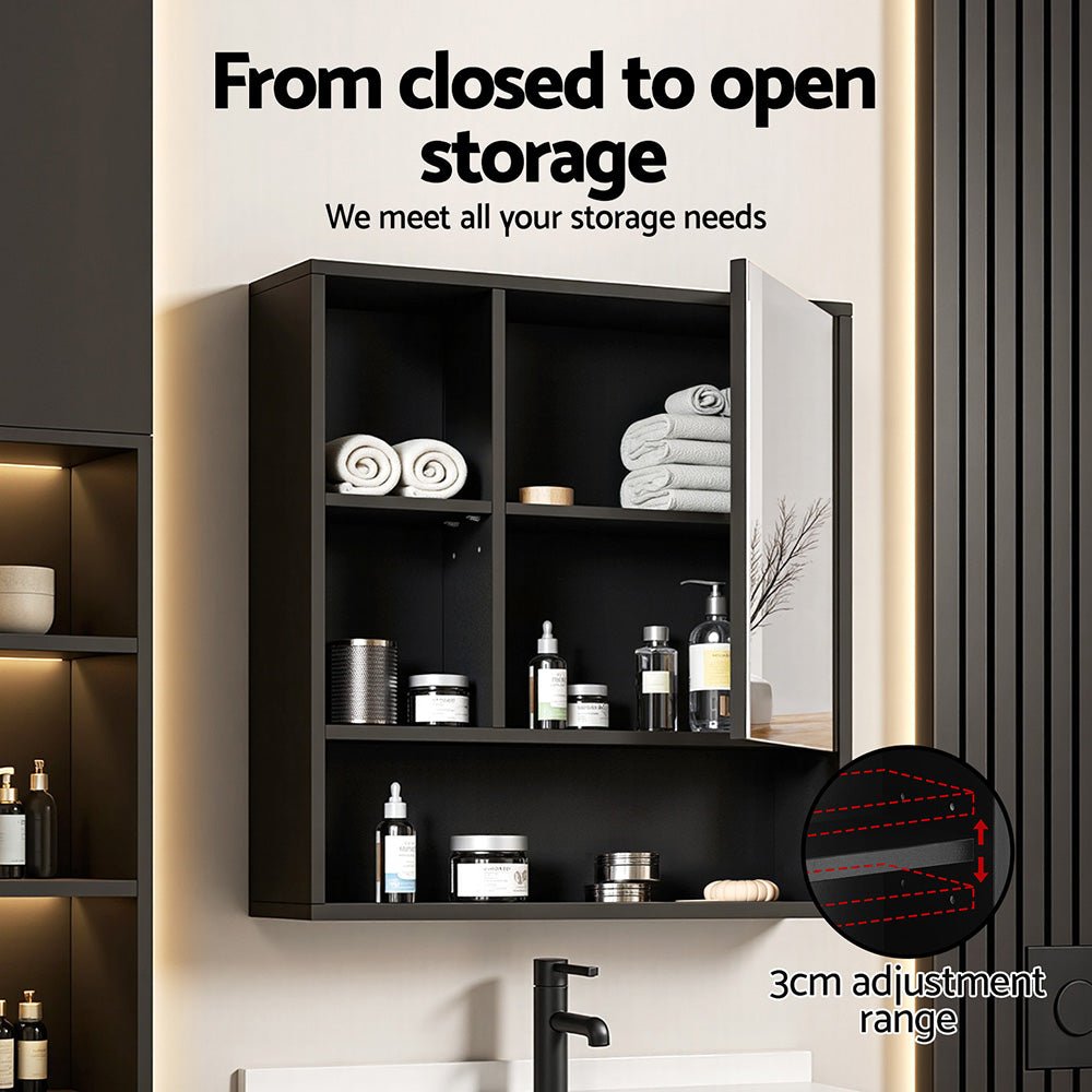 Bathroom Mirror Cabinet Mirrored Medicine Adjustable Shelf Wall Mounted 560mm Black - Furniture > Bathroom > Bathroom Cabinets, Cupboards & Storage - Rivercity House & Home Co. (ABN 18 642 972 209) - Affordable Modern Furniture Australia