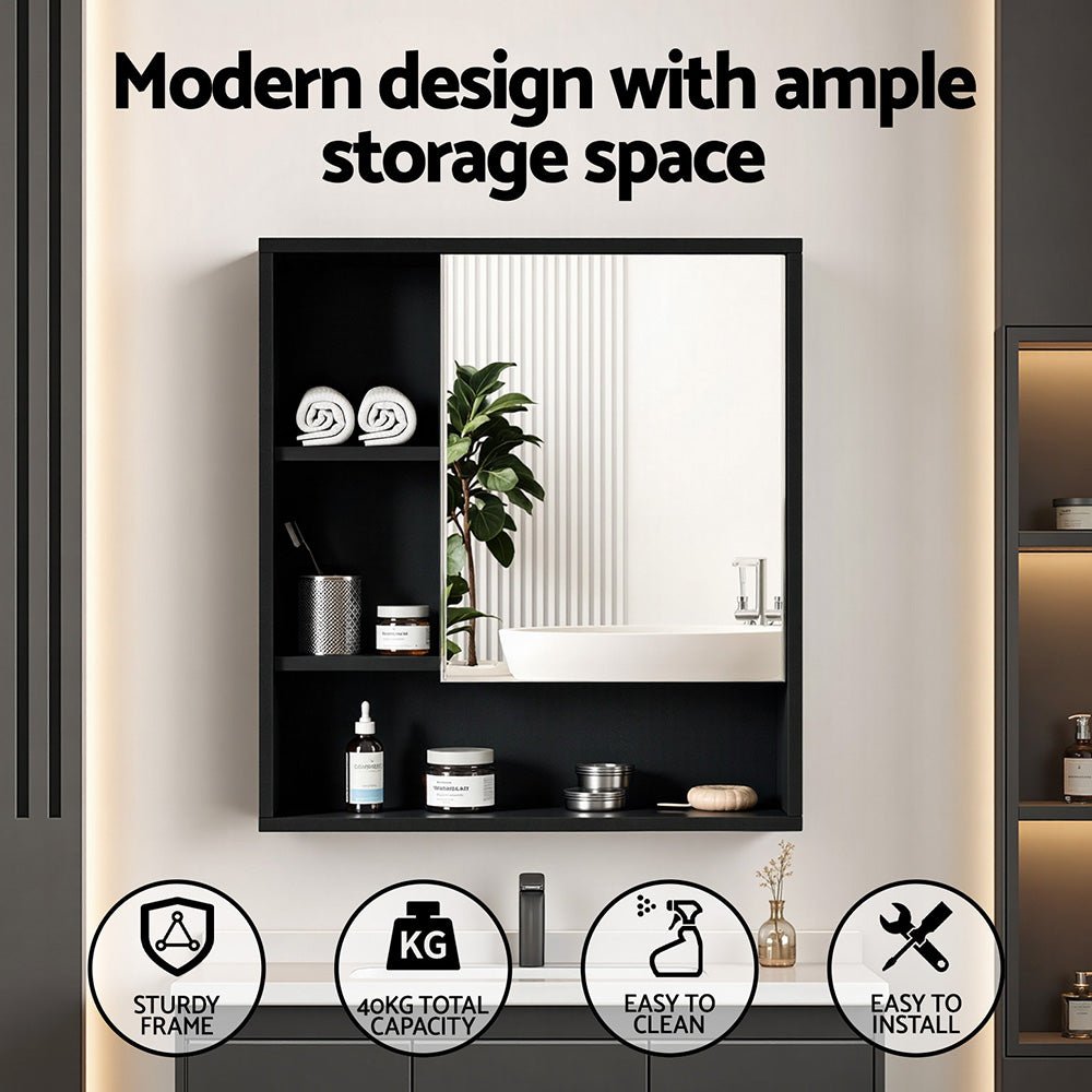 Bathroom Mirror Cabinet Mirrored Medicine Adjustable Shelf Wall Mounted 560mm Black - Furniture > Bathroom > Bathroom Cabinets, Cupboards & Storage - Rivercity House & Home Co. (ABN 18 642 972 209) - Affordable Modern Furniture Australia
