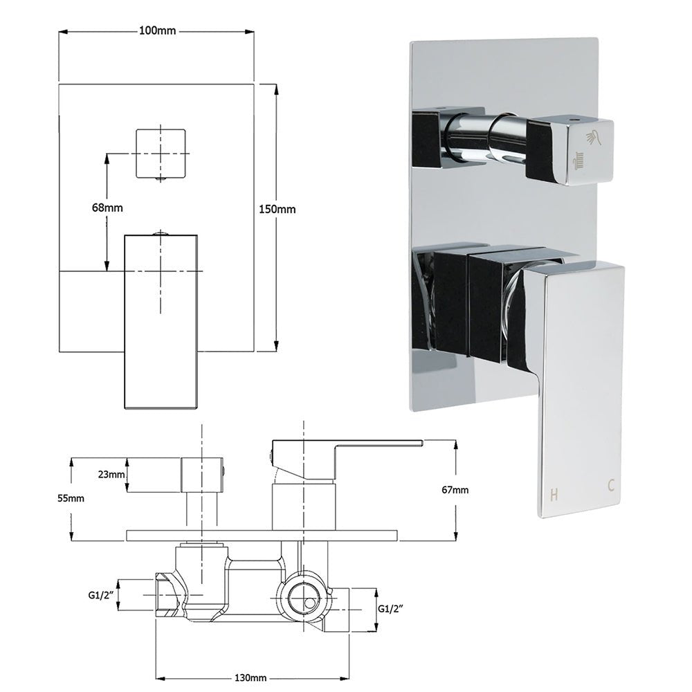 Bathroom Square Shower Mixer Diverter Tap Square Chrome For Spout Shower Head - Furniture > Bathroom > Shower Heads & Screens - Rivercity House & Home Co. (ABN 18 642 972 209) - Affordable Modern Furniture Australia