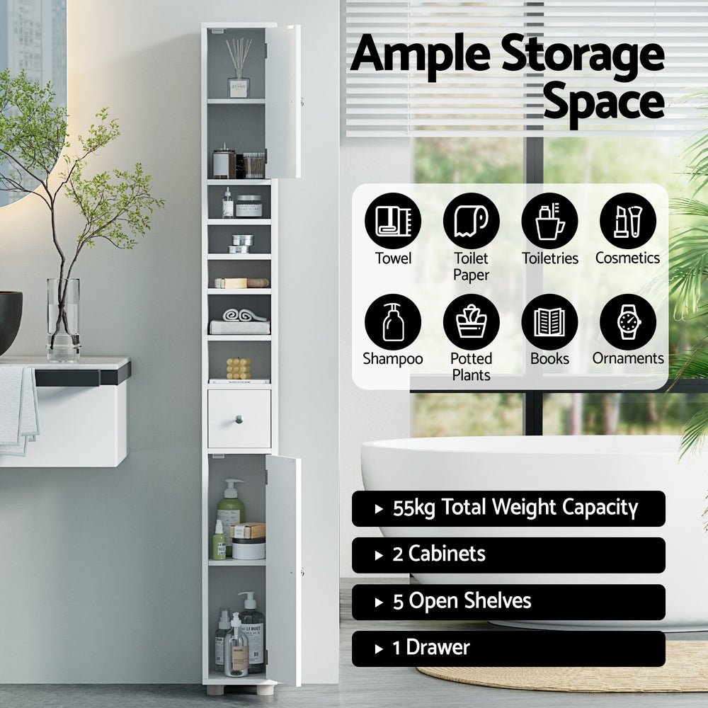 Bathroom Storage Cabinet 180cm Tall Slim Floor Cupboard Toilet Narrow Linen Tower - Furniture > Bathroom > Bathroom Cabinets, Cupboards & Storage - Rivercity House & Home Co. (ABN 18 642 972 209) - Affordable Modern Furniture Australia