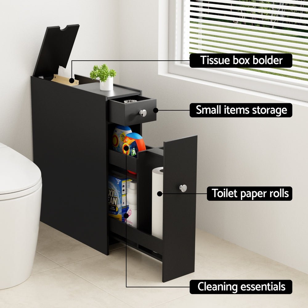 Bathroom Storage Cabinet Toilet Slim Tissue Box Caddy Holder Side Wooden Black - Furniture > Bathroom > Bathroom Cabinets, Cupboards & Storage - Rivercity House & Home Co. (ABN 18 642 972 209) - Affordable Modern Furniture Australia