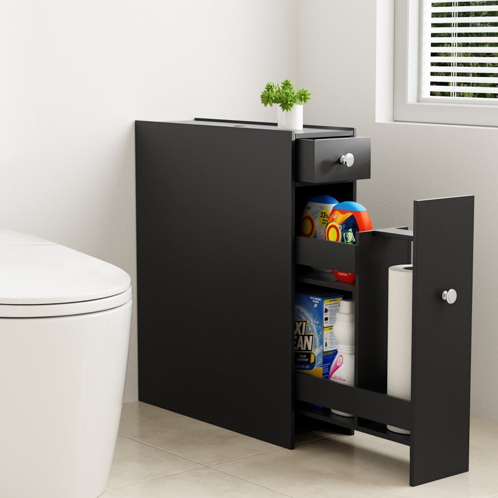 Bathroom Storage Cabinet Toilet Slim Tissue Box Caddy Holder Side Wooden Black - Furniture > Bathroom > Bathroom Cabinets, Cupboards & Storage - Rivercity House & Home Co. (ABN 18 642 972 209) - Affordable Modern Furniture Australia