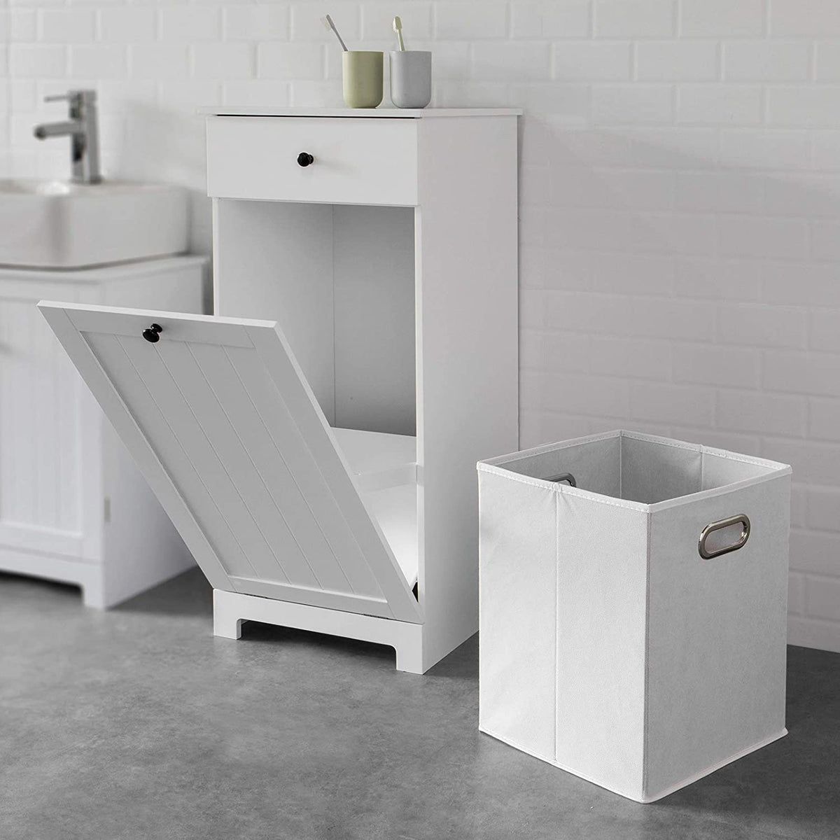Bathroom Storage Cabinet with Laundry Basket and Drawer - White - Home & Garden > Storage > Clothing & Wardrobe Storage - Rivercity House & Home Co. (ABN 18 642 972 209) - Affordable Modern Furniture Australia