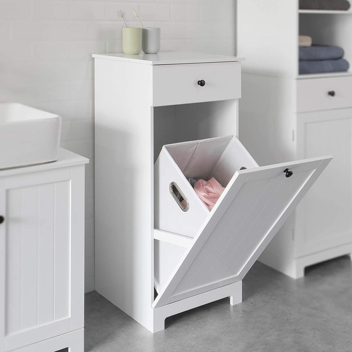 Bathroom Storage Cabinet with Laundry Basket and Drawer - White - Home & Garden > Storage > Clothing & Wardrobe Storage - Rivercity House & Home Co. (ABN 18 642 972 209) - Affordable Modern Furniture Australia
