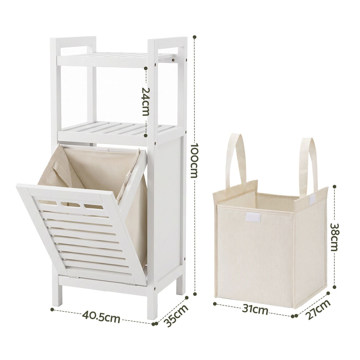 Bathroom Storage Cabinet with Tilt-Out Laundry Hamper and Tall Organiser - White - Furniture > Bathroom > Bathroom Cabinets, Cupboards & Storage - Rivercity House & Home Co. (ABN 18 642 972 209) - Affordable Modern Furniture Australia