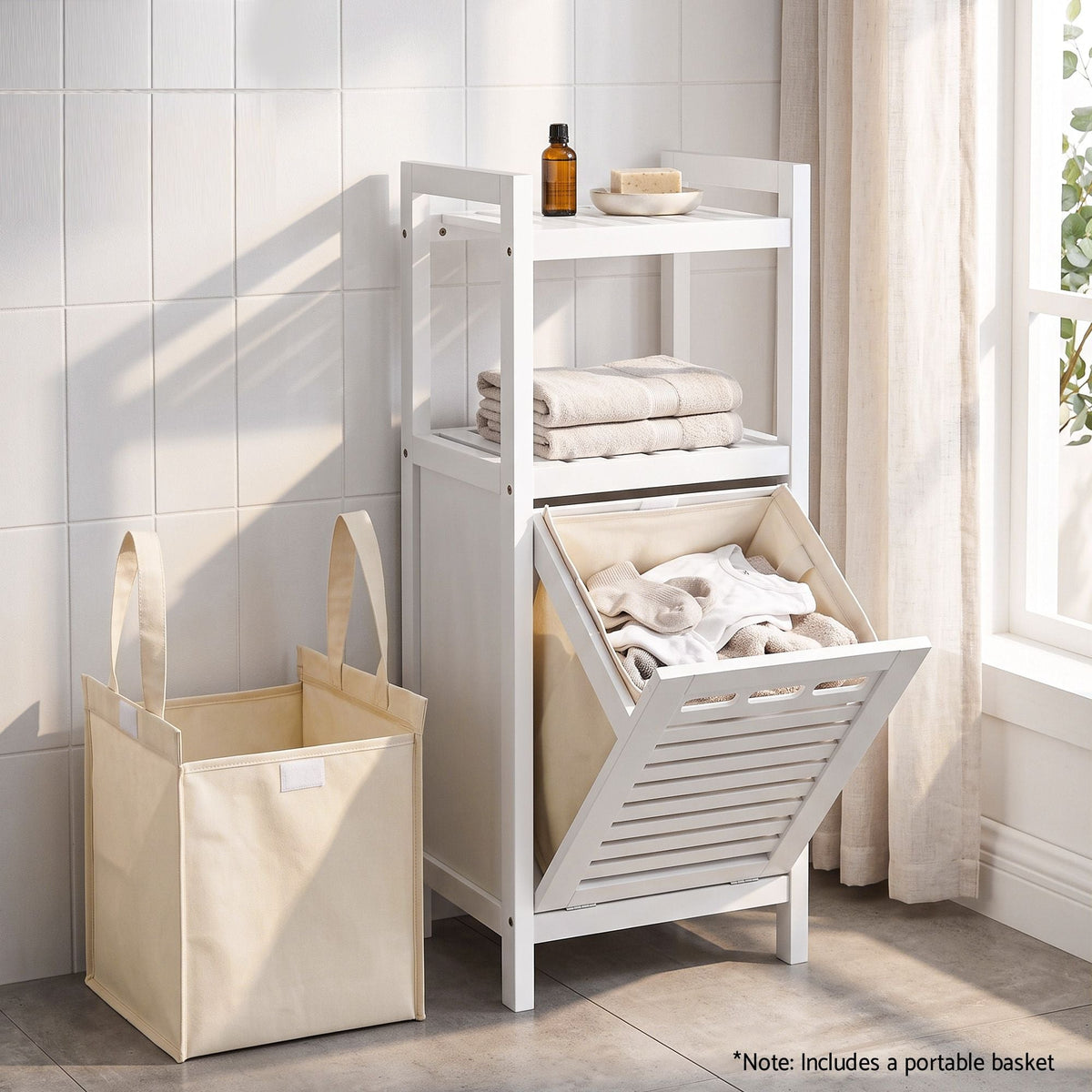 Bathroom Storage Cabinet with Tilt-Out Laundry Hamper and Tall Organiser - White - Furniture > Bathroom > Bathroom Cabinets, Cupboards & Storage - Rivercity House & Home Co. (ABN 18 642 972 209) - Affordable Modern Furniture Australia