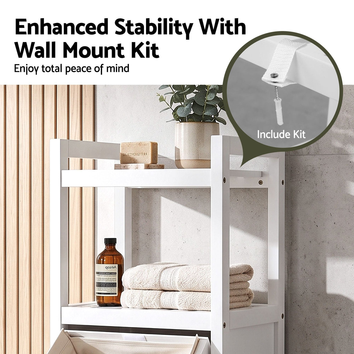 Bathroom Storage Cabinet with Tilt-Out Laundry Hamper and Tall Organiser - White - Furniture > Bathroom > Bathroom Cabinets, Cupboards & Storage - Rivercity House & Home Co. (ABN 18 642 972 209) - Affordable Modern Furniture Australia