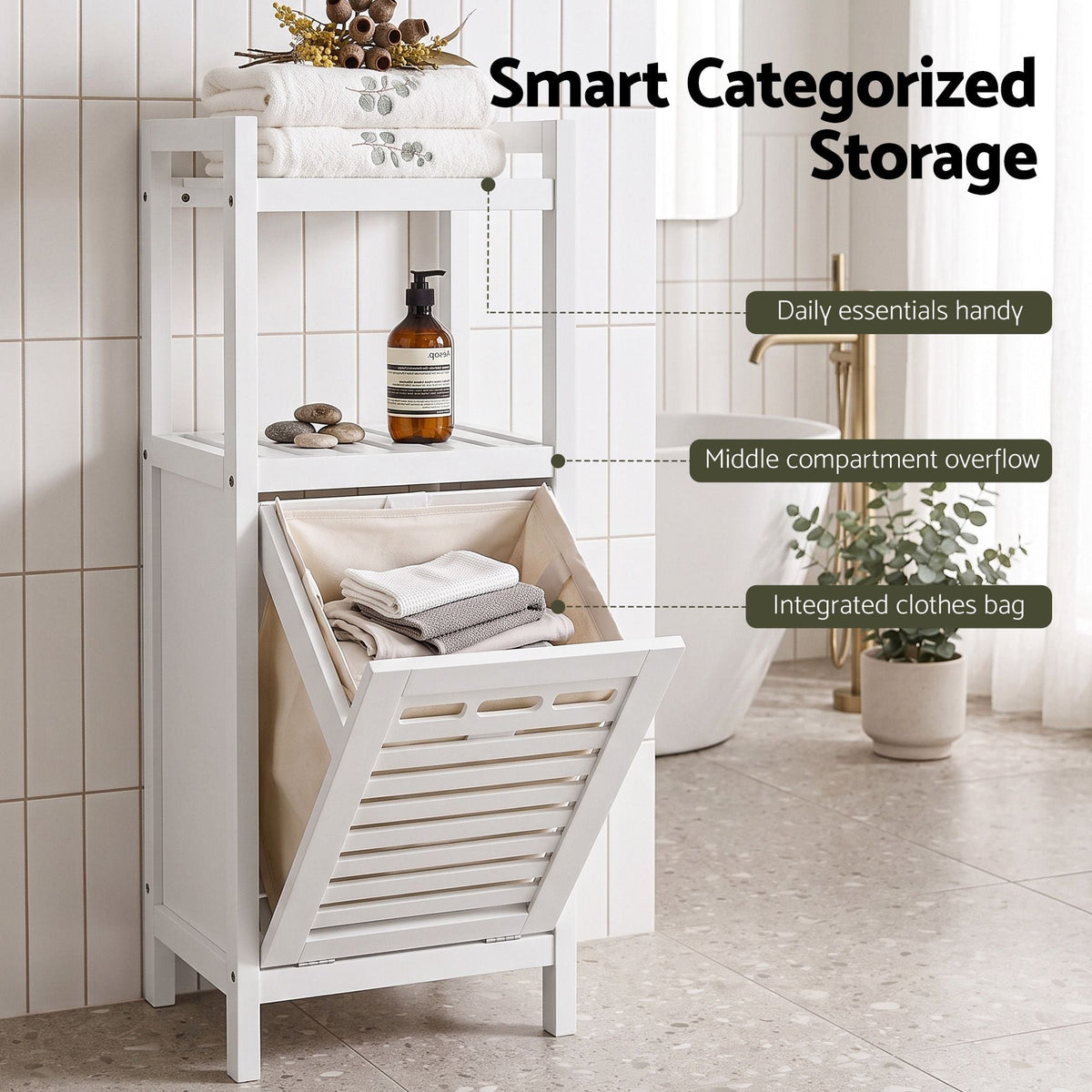 Bathroom Storage Cabinet with Tilt-Out Laundry Hamper and Tall Organiser - White - Furniture > Bathroom > Bathroom Cabinets, Cupboards & Storage - Rivercity House & Home Co. (ABN 18 642 972 209) - Affordable Modern Furniture Australia