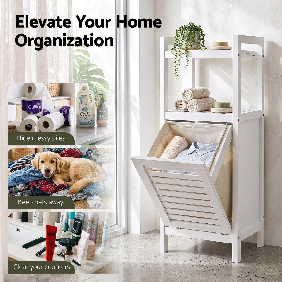 Bathroom Storage Cabinet with Tilt-Out Laundry Hamper and Tall Organiser - White - Furniture > Bathroom > Bathroom Cabinets, Cupboards & Storage - Rivercity House & Home Co. (ABN 18 642 972 209) - Affordable Modern Furniture Australia