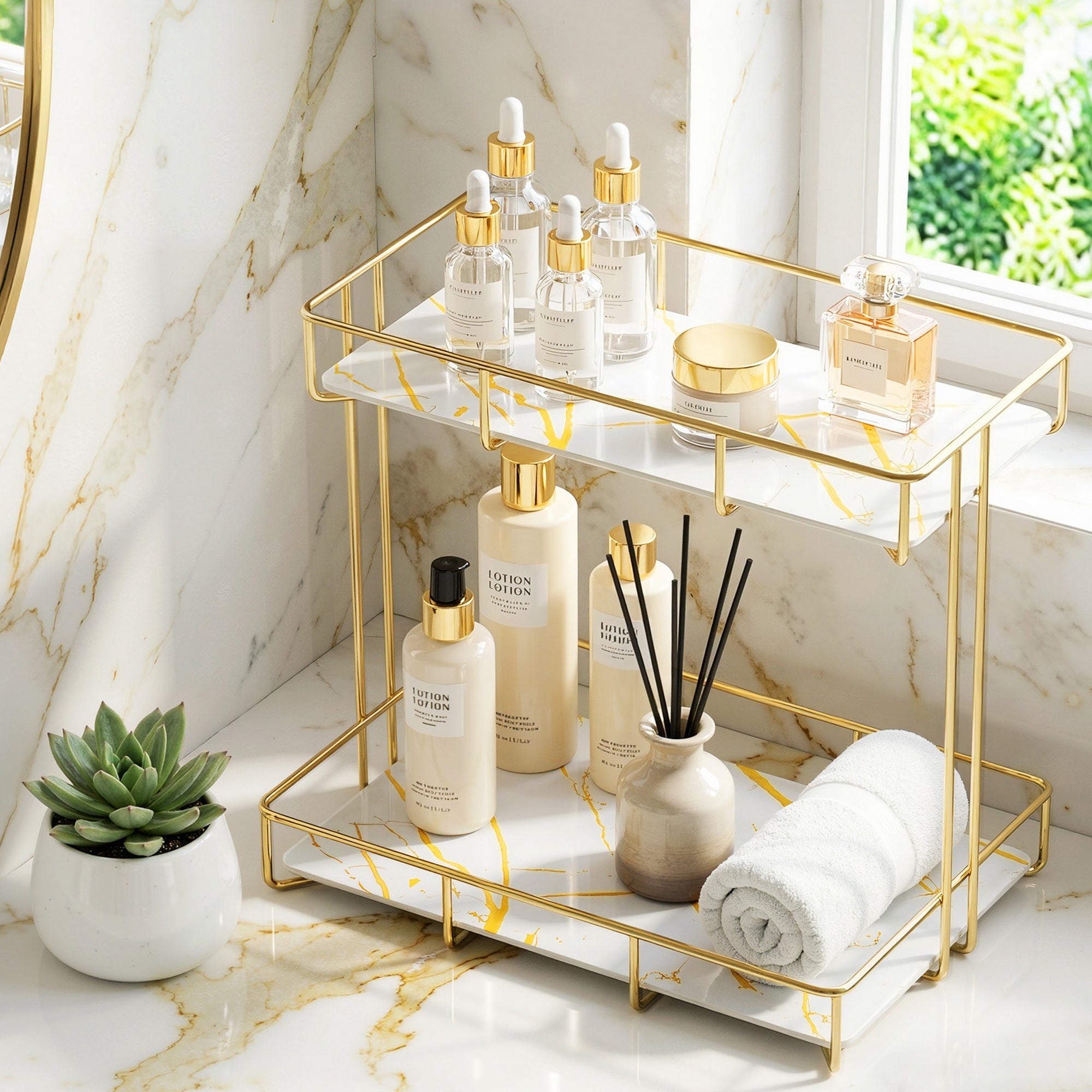 Bathroom Storage Rack 2 Tier Corner Organiser Gold Marble Look - Furniture > Bathroom > Bathroom Cabinets, Cupboards & Storage - Rivercity House & Home Co. (ABN 18 642 972 209) - Affordable Modern Furniture Australia