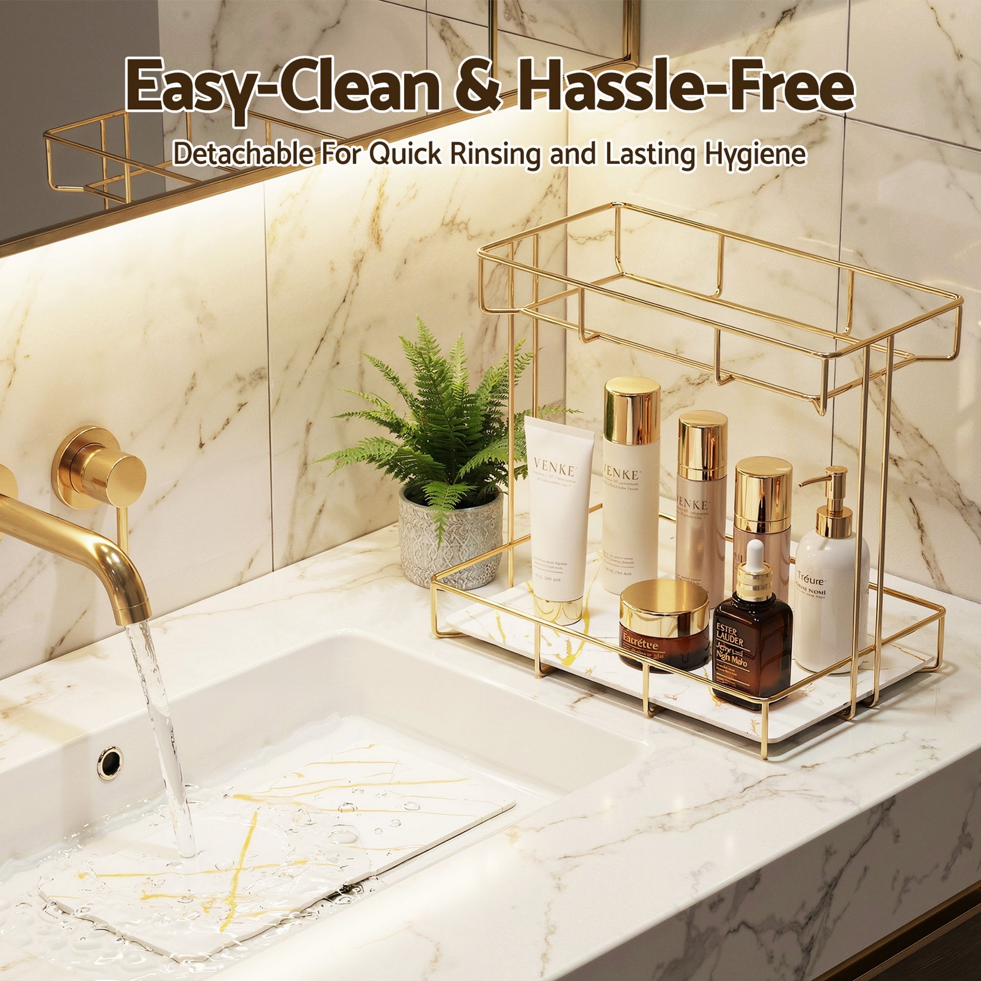 Bathroom Storage Rack 2 Tier Corner Organiser Gold Marble Look - Furniture > Bathroom > Bathroom Cabinets, Cupboards & Storage - Rivercity House & Home Co. (ABN 18 642 972 209) - Affordable Modern Furniture Australia
