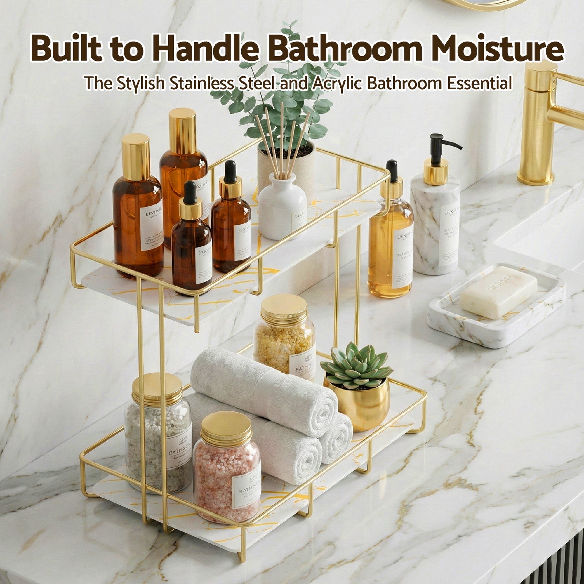 Bathroom Storage Rack 2 Tier Corner Organiser Gold Marble Look - Furniture > Bathroom > Bathroom Cabinets, Cupboards & Storage - Rivercity House & Home Co. (ABN 18 642 972 209) - Affordable Modern Furniture Australia