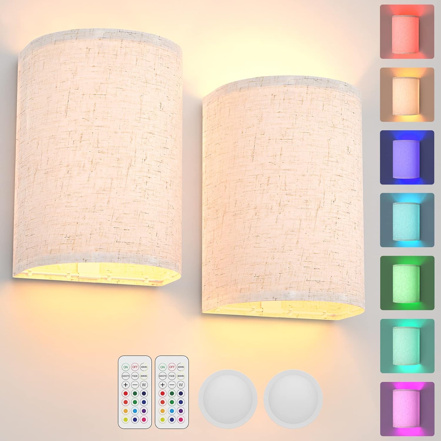 Battery Operated RGB Wall Lights 2 Pack with Remote Control, Rustic Boho Linen Shade Wall Sconces - Multicolor - Home & Garden > Lighting > Wall Lights - Rivercity House & Home Co. (ABN 18 642 972 209) - Affordable Modern Furniture Australia