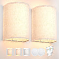Battery Operated Wall Sconce Lights 2 Pack with Remote, 3-Color Dimmable Fabric Shade Wall Lamps - White