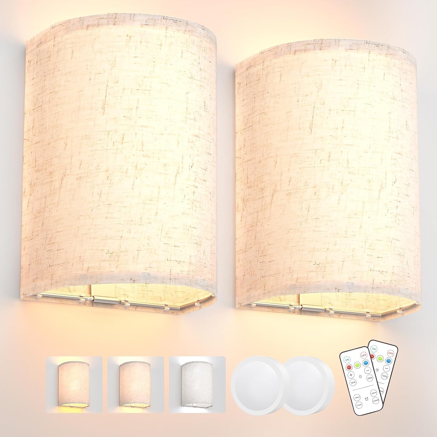 Battery Operated Wall Sconce Lights 2 Pack with Remote, 3-Color Dimmable Fabric Shade Wall Lamps - White - Home & Garden > Lighting > Wall Lights - Rivercity House & Home Co. (ABN 18 642 972 209) - Affordable Modern Furniture Australia