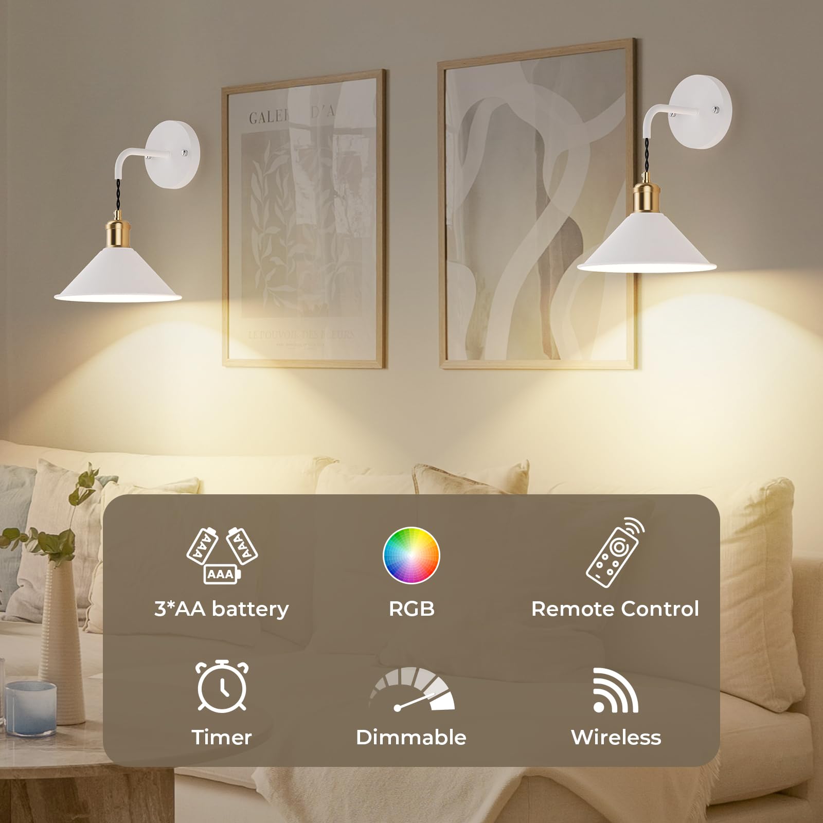 Battery Operated Wireless Wall Sconce Set of 2 with 13 RGB Colors, Dimmable Remote, Timer & Memory Function - Multi-Color - Home & Garden > Lighting > Wall Lights - Rivercity House & Home Co. (ABN 18 642 972 209) - Affordable Modern Furniture Australia